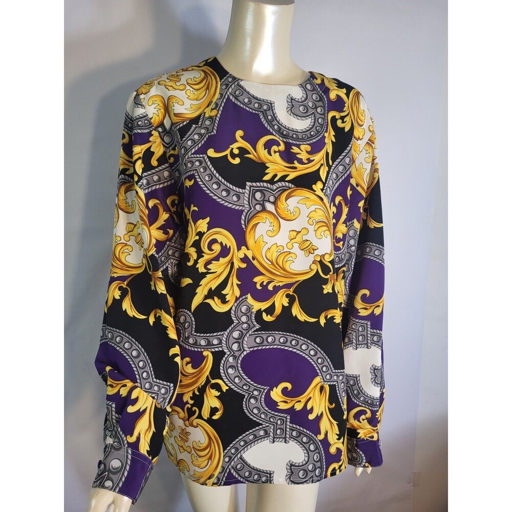 Sk & Company Jacquard Blouse womens 14 Purple White Gold  Gray Long Sleeve Shirt